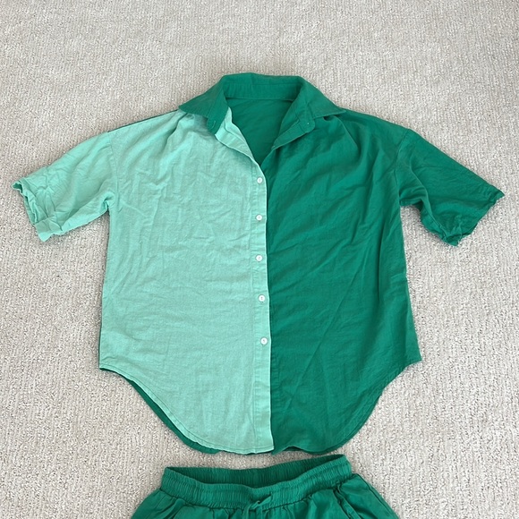 Fixmatti Green Cotton Colorblock Button Up Shirt and Shorts Set - Picture 8 of 15